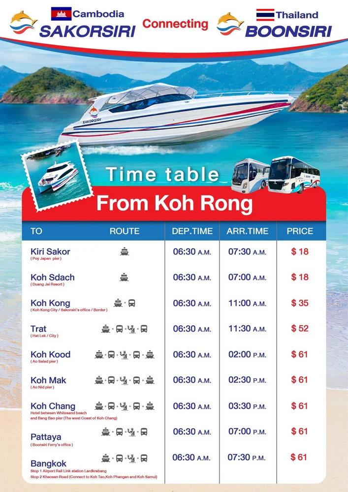 Koh Rong Ferry to Koh Kong and Koh chang and pattaya and bangkok