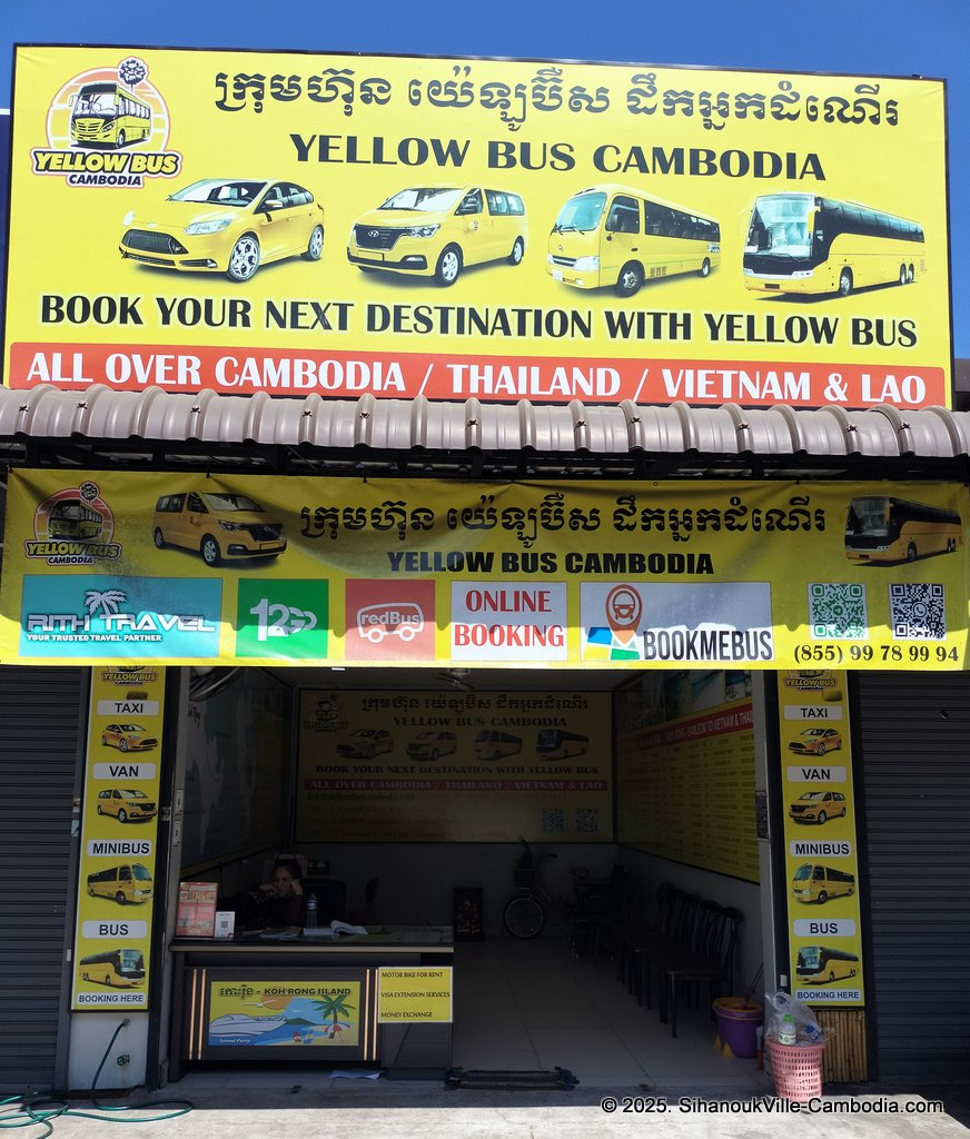 Yellow bus cambodia at the SihanoukVille Tourist Port.