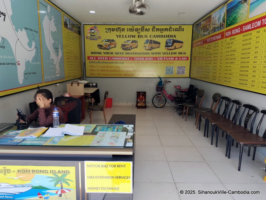 Yellow bus cambodia at the SihanoukVille Tourist Port.