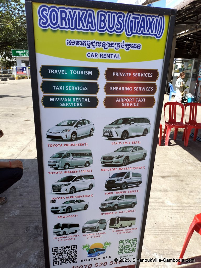Soryka Bus and S.R.T. express bus at the SihanoukVille Tourist Port.
