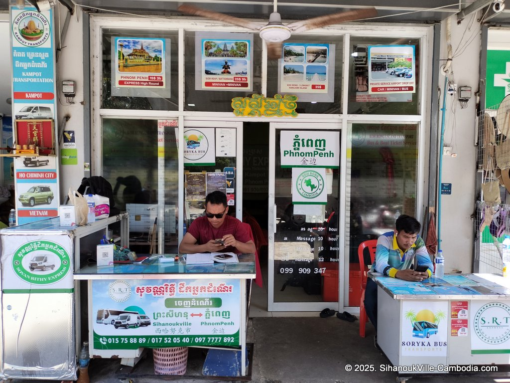 Soryka Bus and S.R.T. express bus at the SihanoukVille Tourist Port.