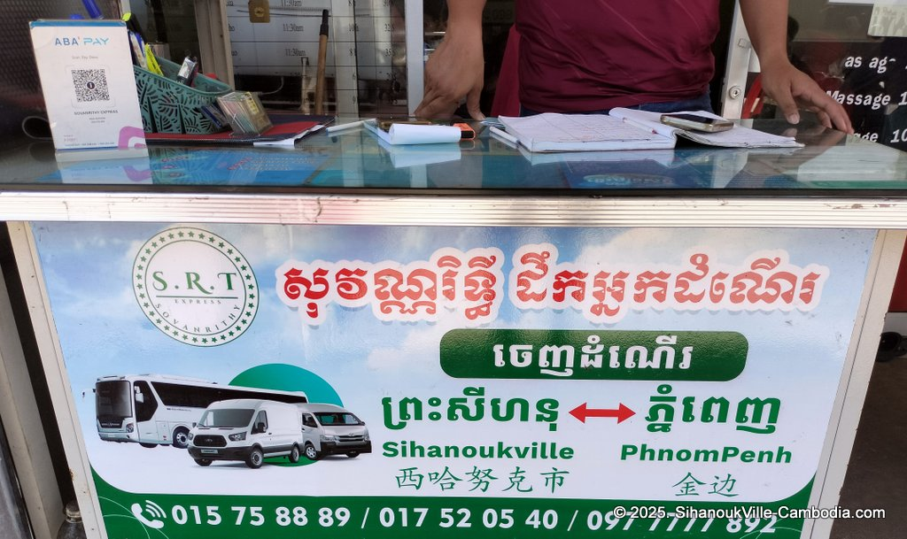 Soryka Bus and S.R.T. express bus at the SihanoukVille Tourist Port.