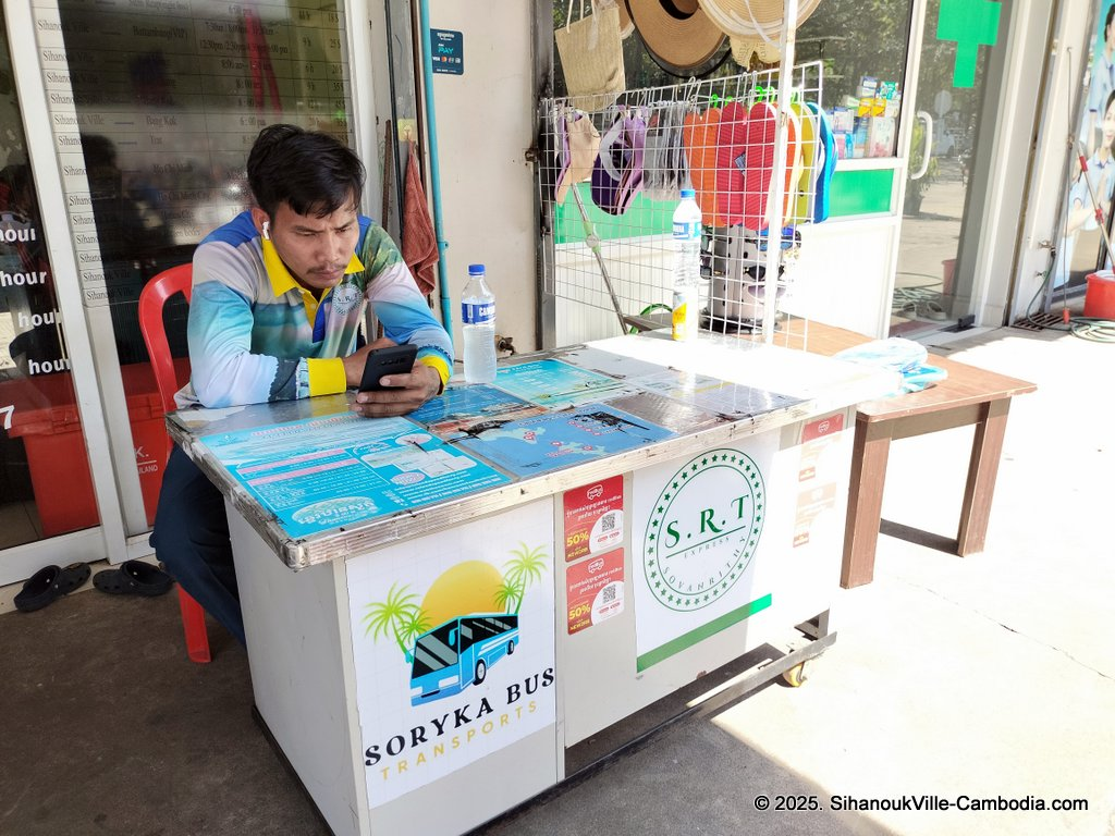 Soryka Bus and S.R.T. express bus at the SihanoukVille Tourist Port.