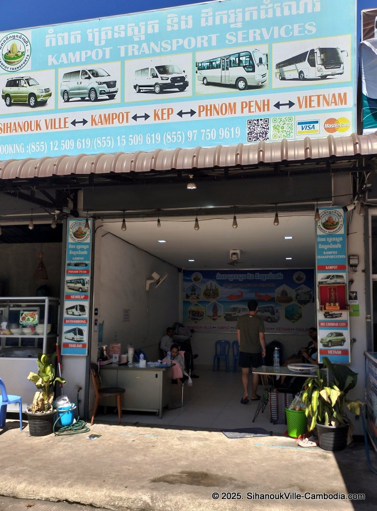 Kampot Transport Services bus at the SihanoukVille Tourist Port.
