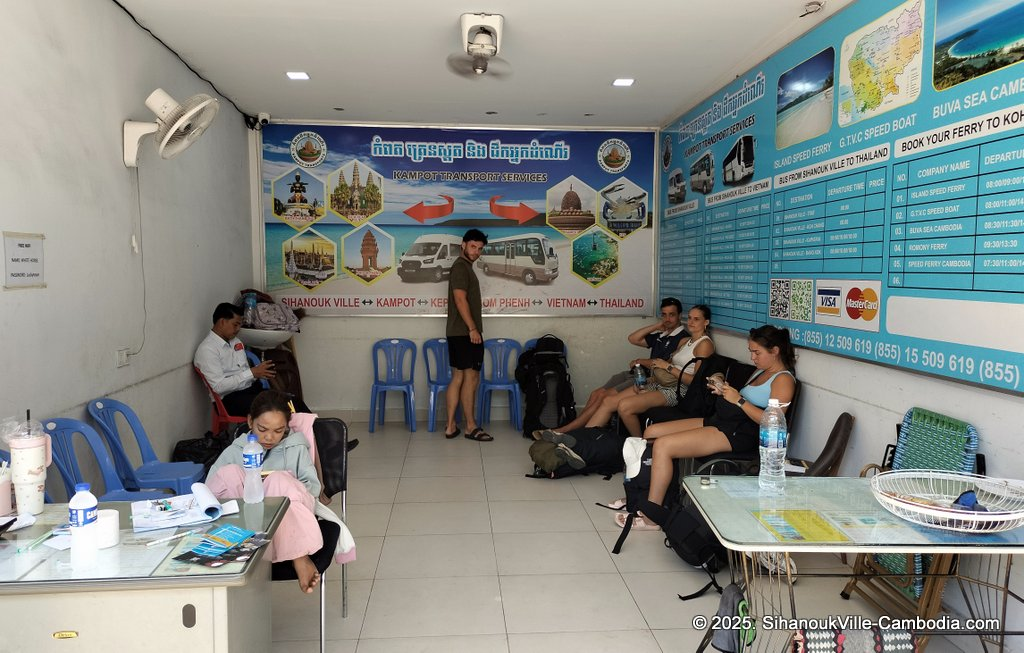 Kampot Transport Services bus at the SihanoukVille Tourist Port.