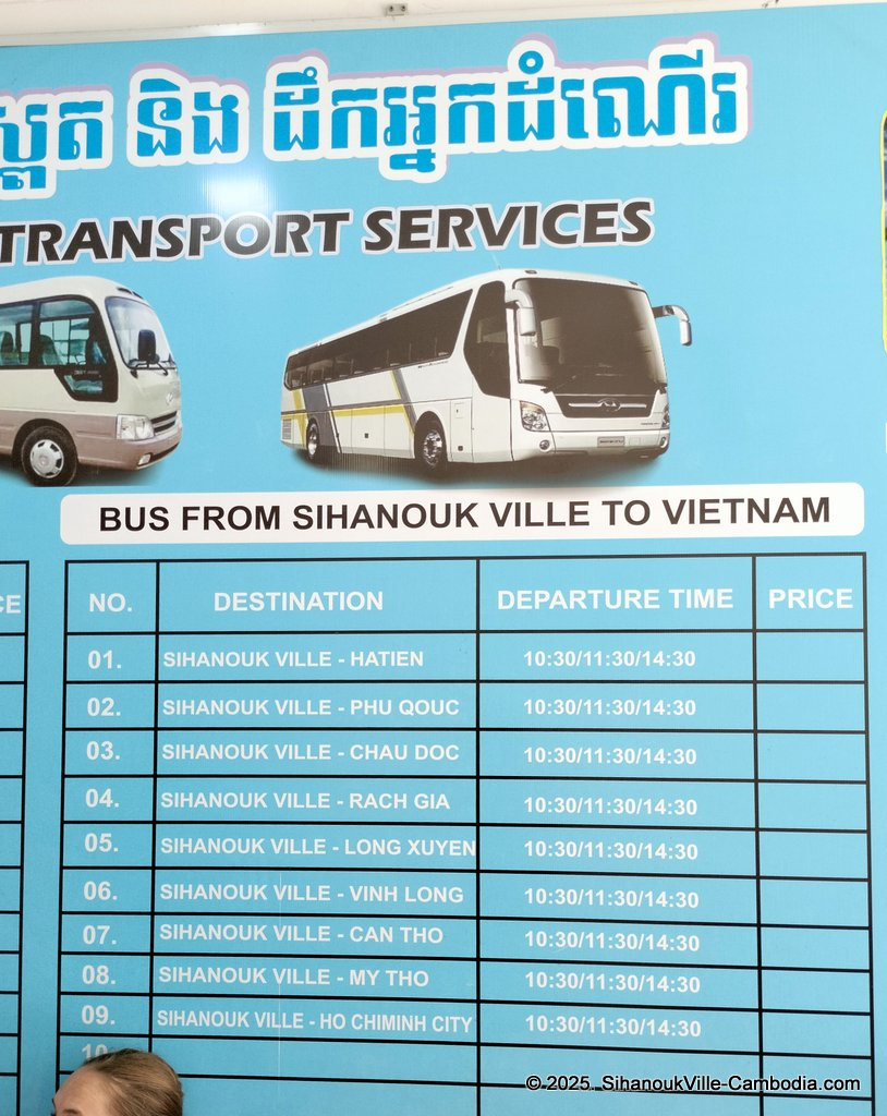 Kampot Transport Services bus at the SihanoukVille Tourist Port.