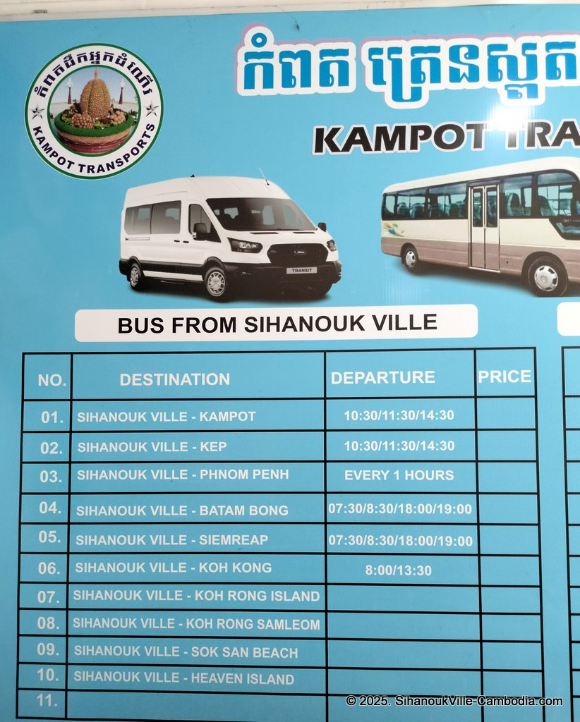 Kampot Transport Services bus at the SihanoukVille Tourist Port.