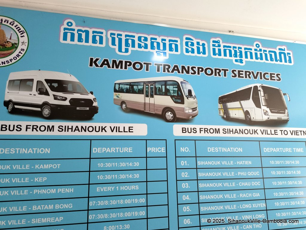 Kampot Transport Services bus at the SihanoukVille Tourist Port.