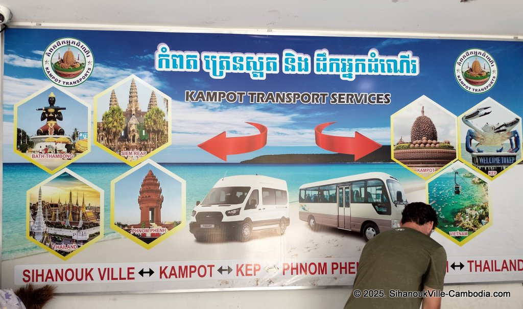 Kampot Transport Services bus at the SihanoukVille Tourist Port.