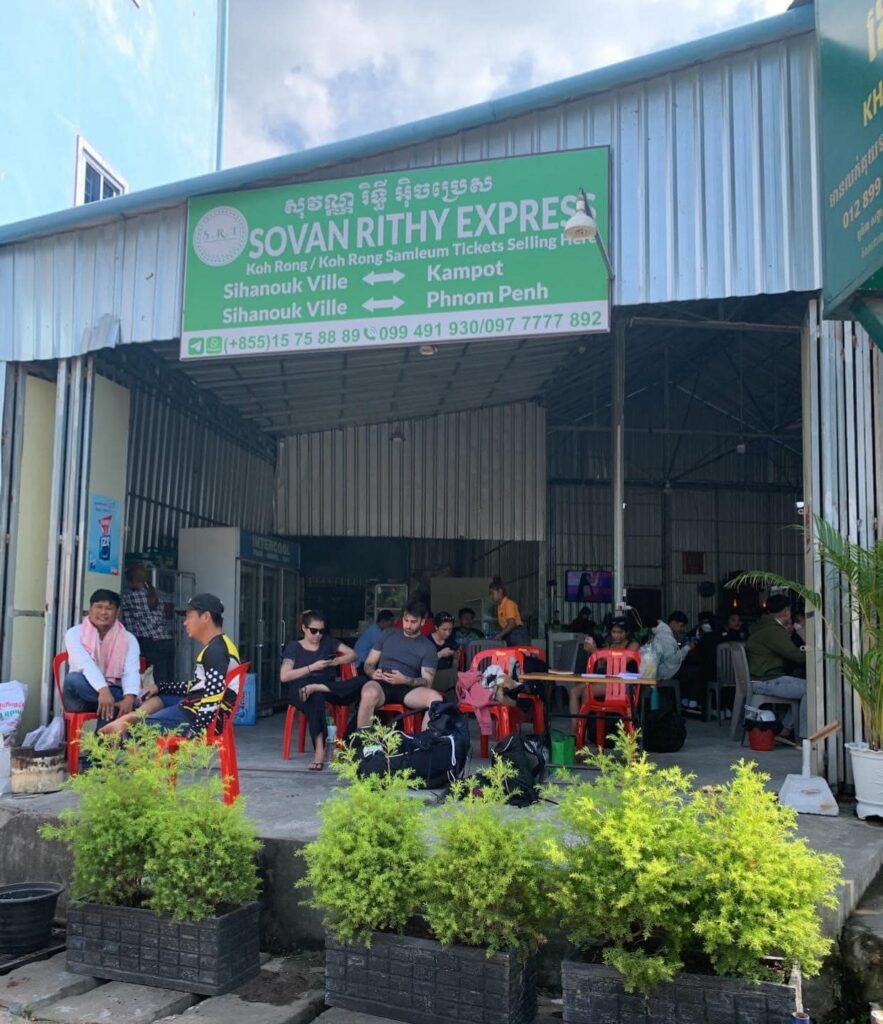 Soryka Bus and S.R.T. express bus at the SihanoukVille Tourist Port.